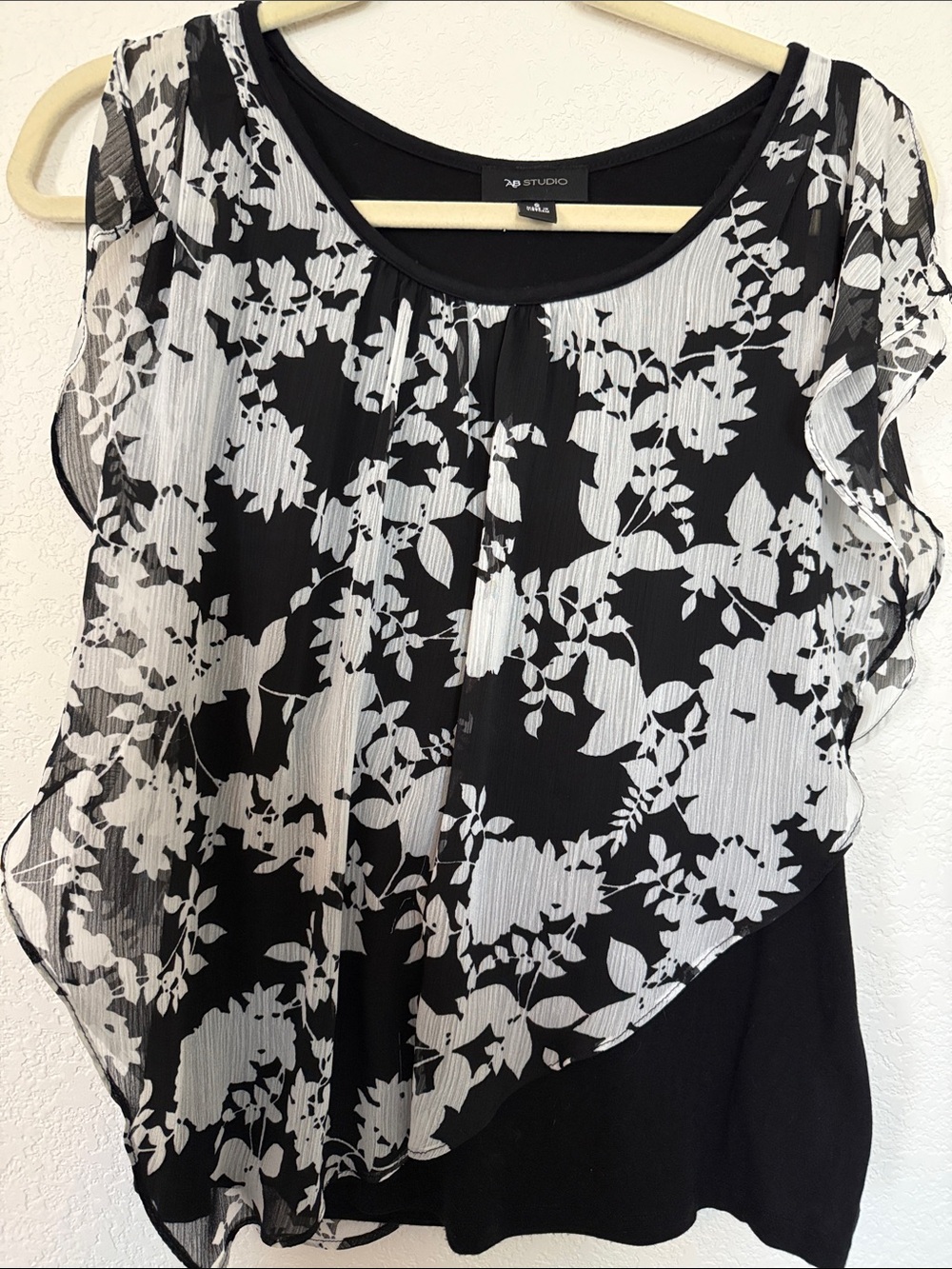 AB Studio Black & White Floral Sheer Overlay Top